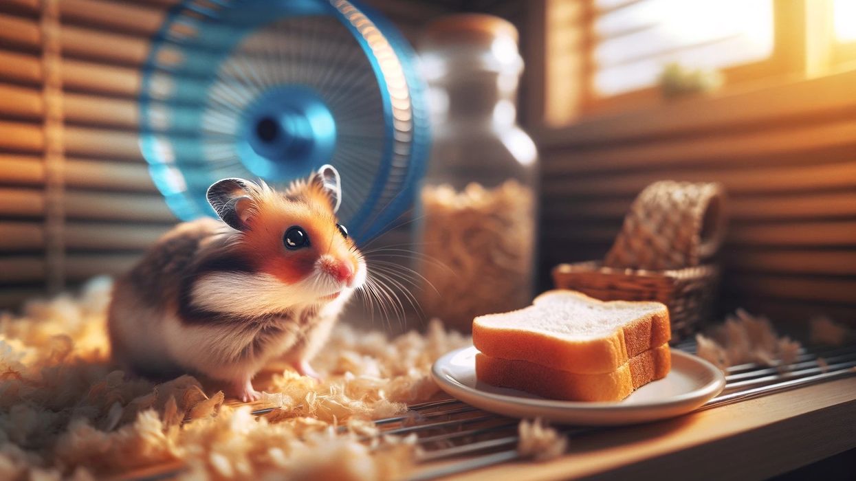 A curious hamster investigates a small piece of bread on a tiny plate in a cozy cage, highlighting the question: can hamsters eat bread?