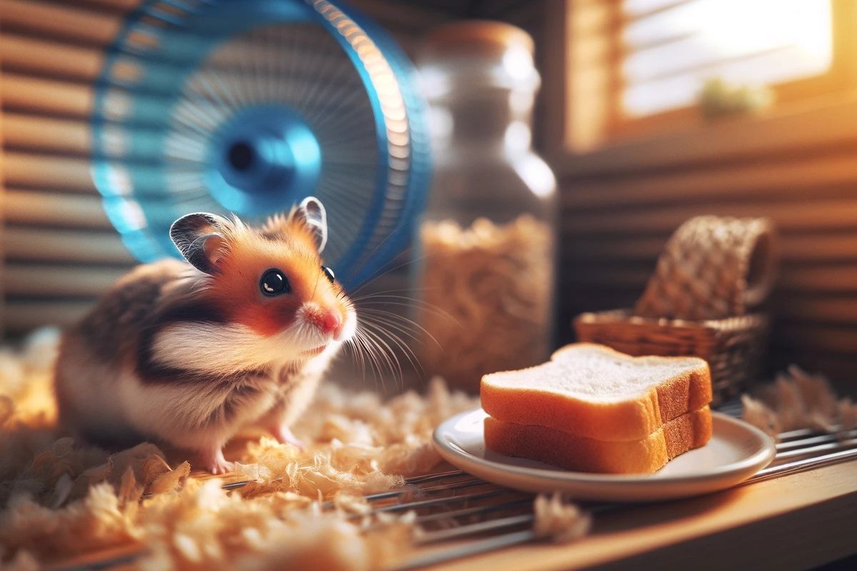 A curious hamster investigates a small piece of bread on a tiny plate in a cozy cage, highlighting the question: can hamsters eat bread?