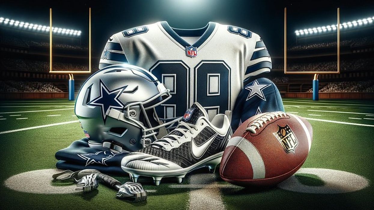 A Dallas Cowboys helmet, cleats, a football, and a number 90 jersey, set against a football field backdrop.