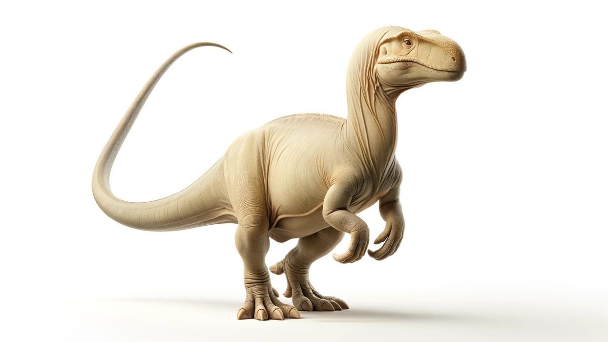A depiction of an Aoniraptor, characterized by its smooth, elongated head with a small crest, positioned in a dynamic stance with a focus on its distinct thumb spikes and long, counterbalancing tail.