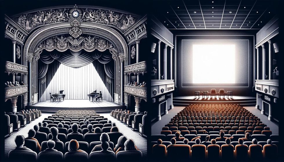 A detailed theatre stage on the left and a contemporary cinema screen on the right, highlighting different viewing experiences.