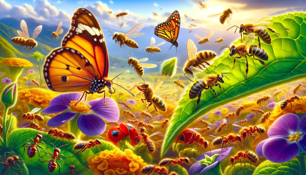 A detailed view of bees, butterflies, and ants in their habitat, capturing intriguing insect facts that buzz with wonder.