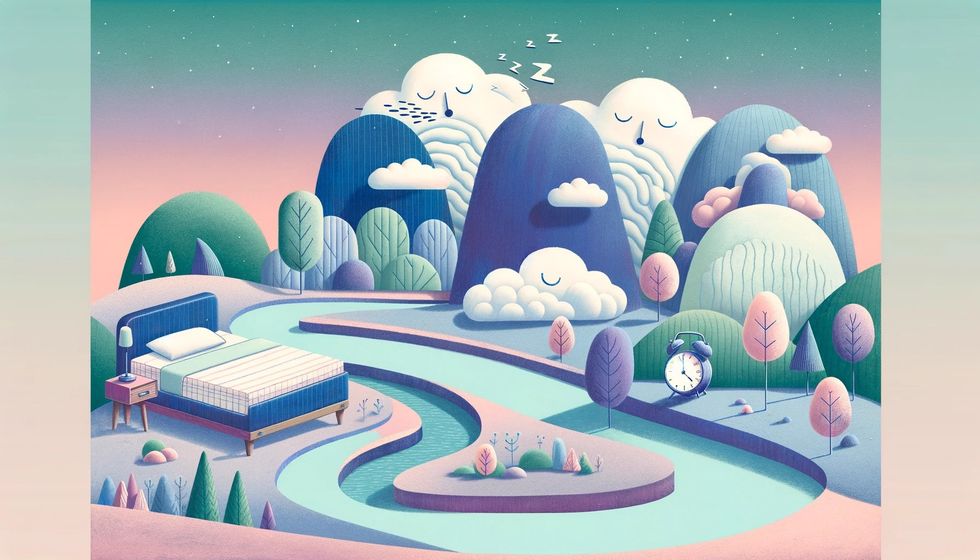A dream-inspired setting ideal for a sleep humor piece, with hills, clouds, and a river like an unfolded sheet.