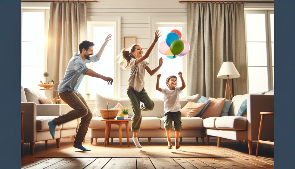 A dynamic and playful moment of a family trying to keep a balloon from touching the ground in their living roomA dynamic and playful moment of a family trying to keep a balloon from touching the ground in their living room.