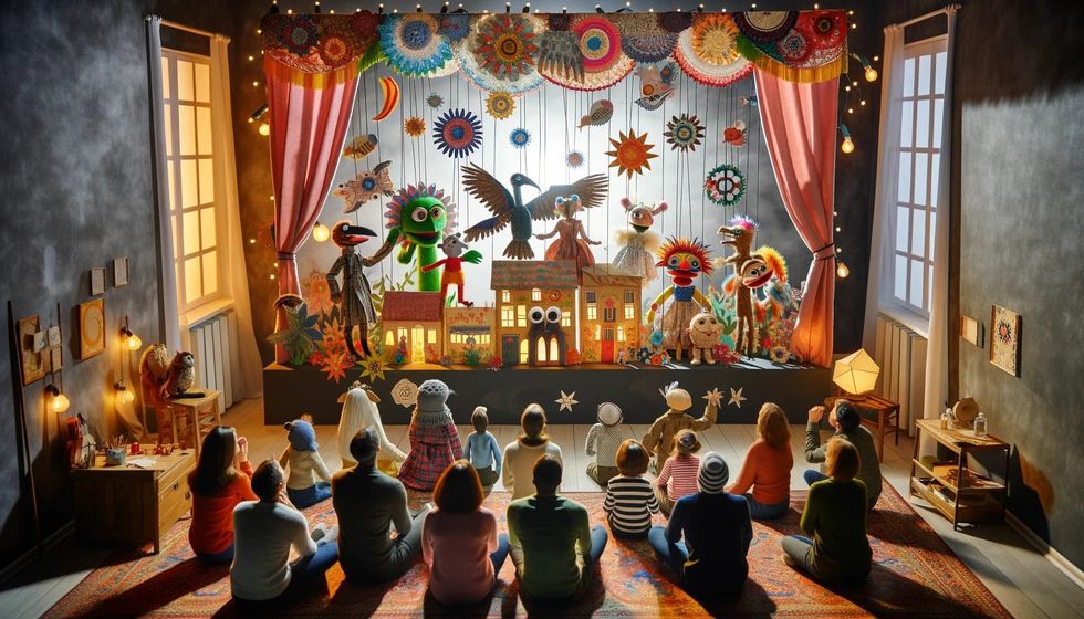 A dynamic home puppet show in progress with an audience of family and friends visibly delighted and engaged in the performance.