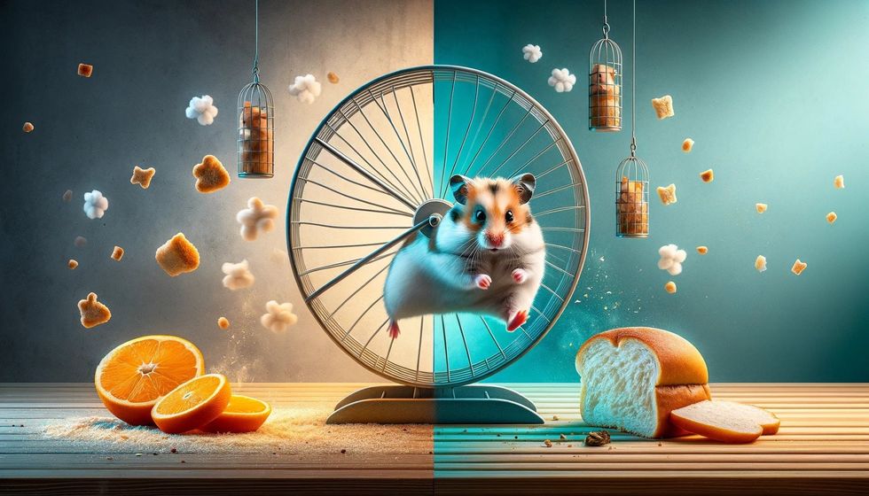 A dynamic scene contrasting a hamster energetically running in a wheel with another looking lethargic near bread, illustrating the health benefits and risks of bread for hamsters.