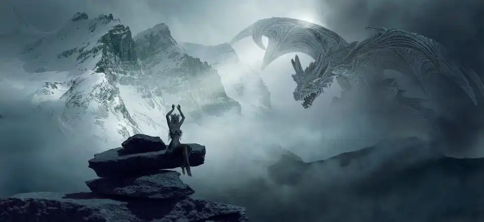 A fairy sitting on a rock and a dragon flying over the snow capped mountains