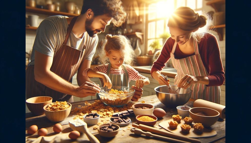 A family baking chocolate cornflake cake together in a sunny kitchen