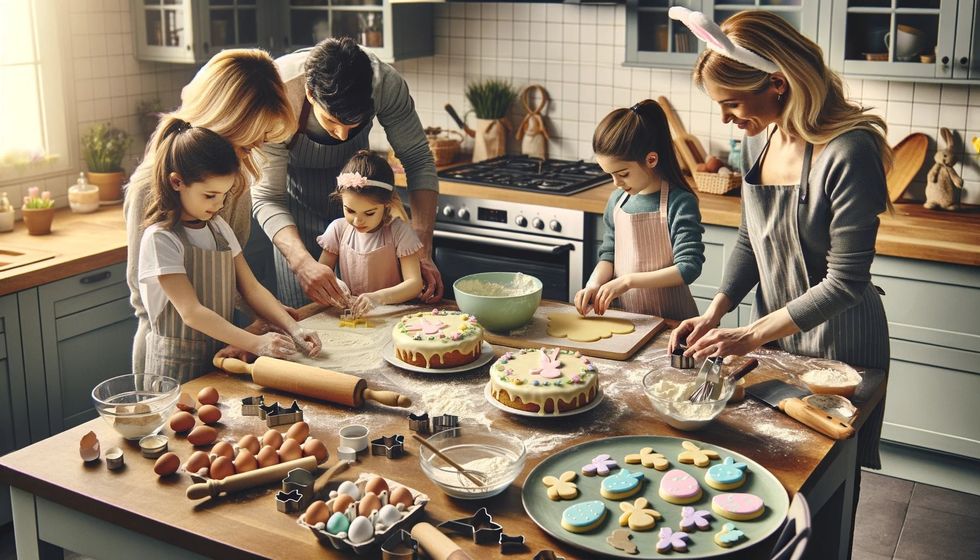 A family baking Easter treats together in the kitchen, surrounded by baking ingredients and decorations.