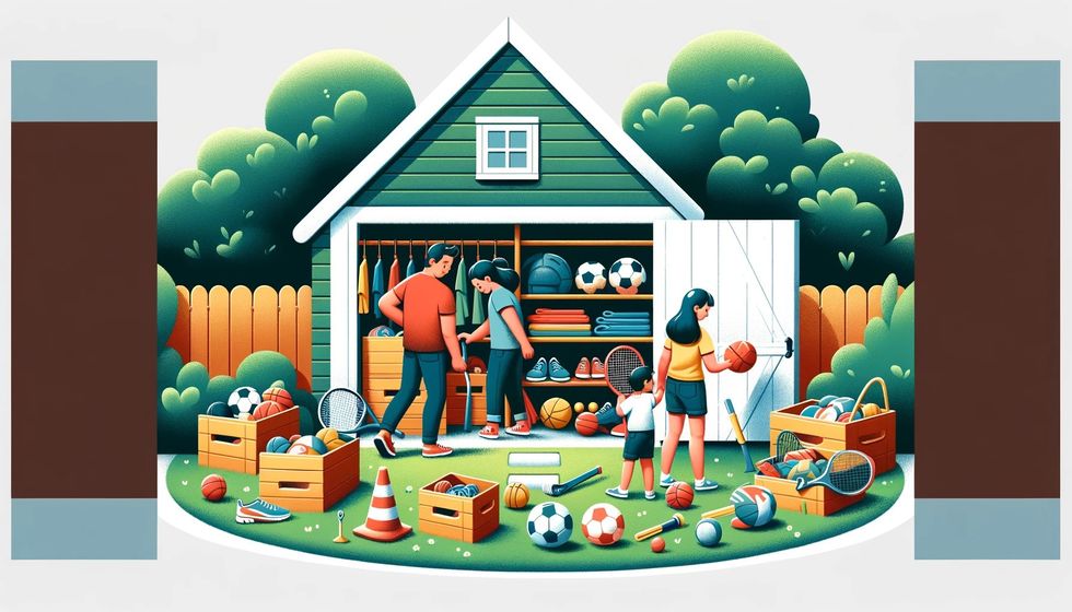 A family collecting sports gear like balls and rackets from a shed in a lush garden.