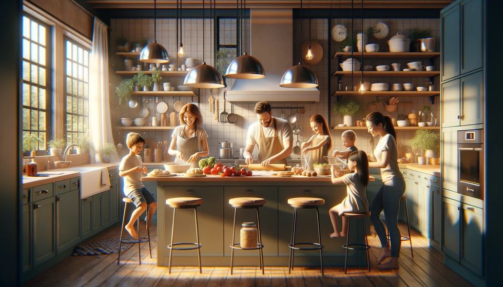 A family cooking together in a sunny kitchen