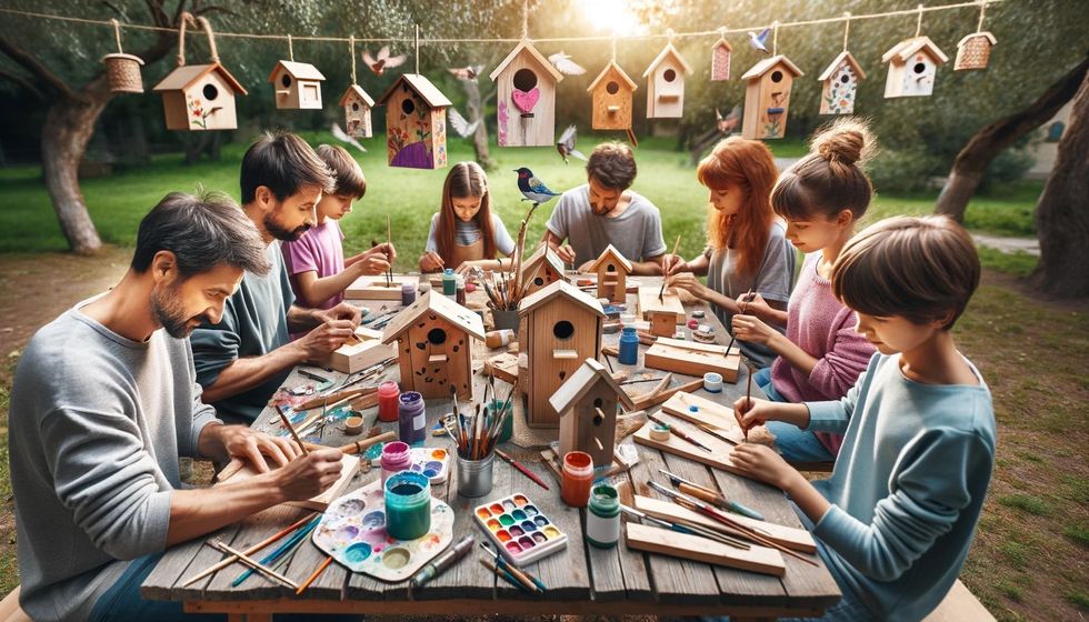 A family crafting birdhouses at an outdoor table, surrounded by trees with birds and hanging birdhouses.