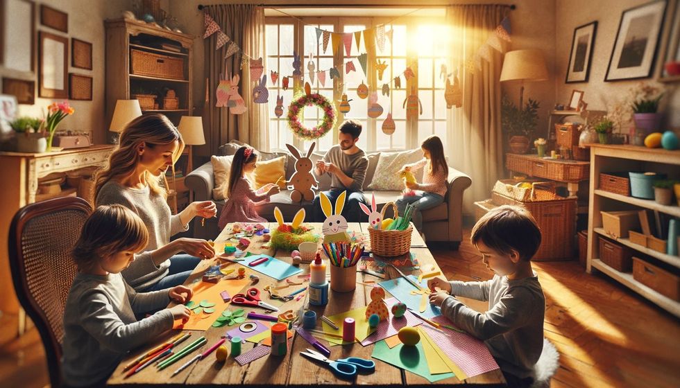 A family crafting homemade Easter decorations at the living room table, surrounded by craft supplies.