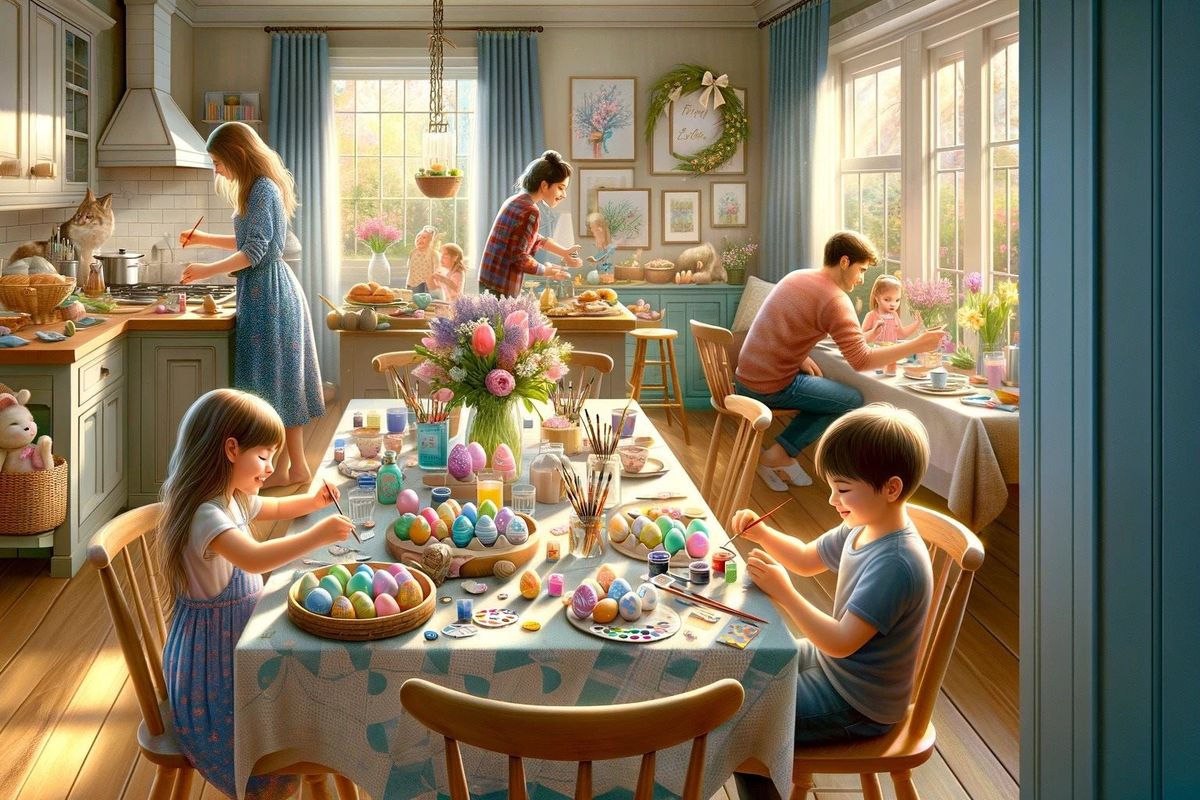 A family engaging in Easter activities, with children painting eggs and parents cooking in the background.