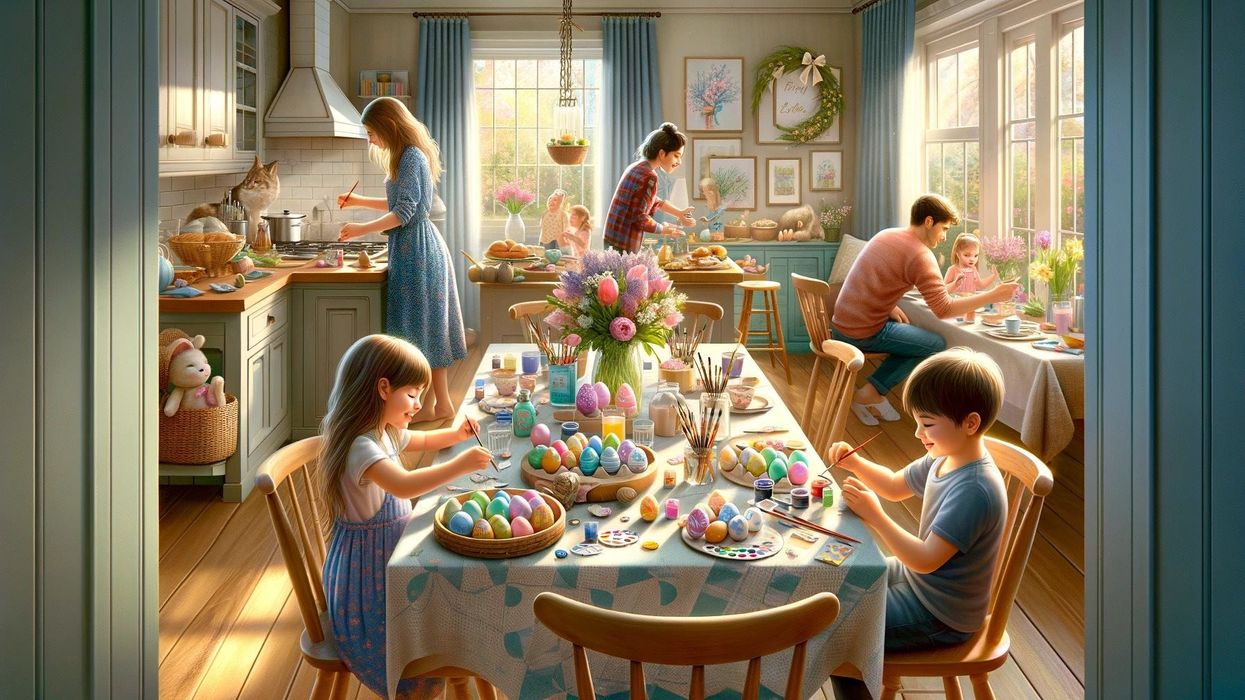 A family engaging in Easter activities, with children painting eggs and parents cooking in the background.