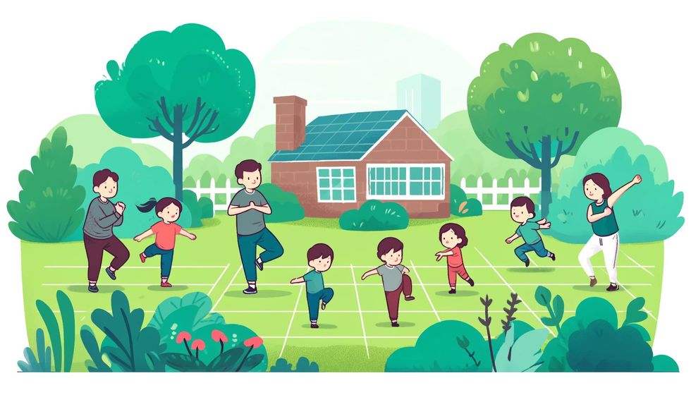 A family engaging in warm-up exercises like stretching and jumping jacks in the garden.