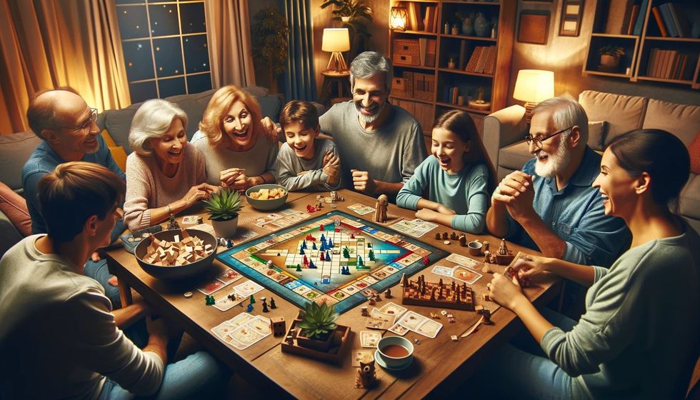 A family enjoying a game night, playing board games around a cluttered table in a cozy living room.