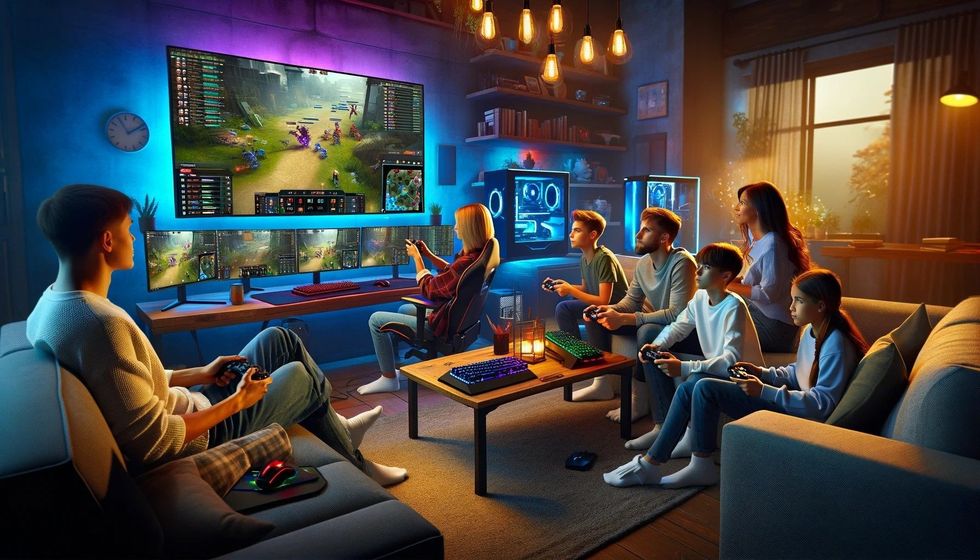 A family enjoying a lively session of online gaming together, each with their personalized gaming setup in a cozy room.