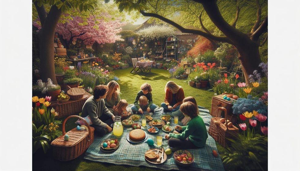 A family enjoying an Easter picnic in a blooming garden, with a child showing an Easter egg.