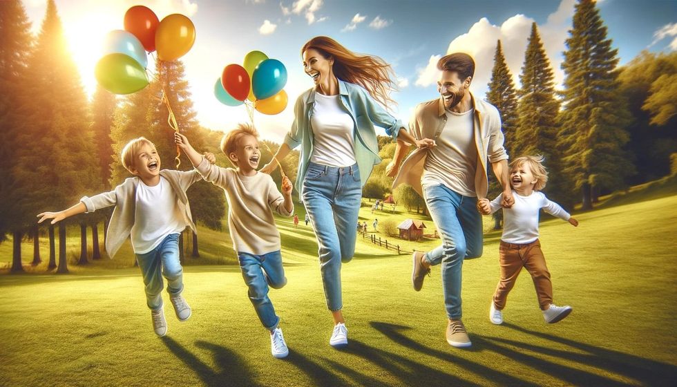  A family enjoying playful moments in a sunny park, with children holding colorful balloons.