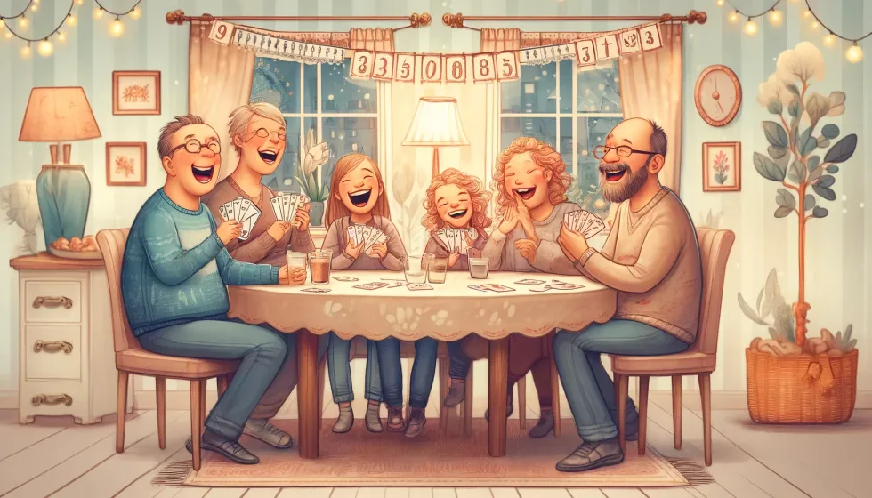 A family game night with people of various ages enjoying number-themed games.
