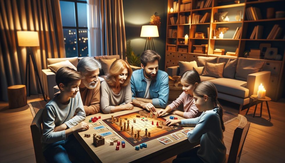 A family gathering around a table filled with board games, sharing a moment of joy and competition in their cozy living room.