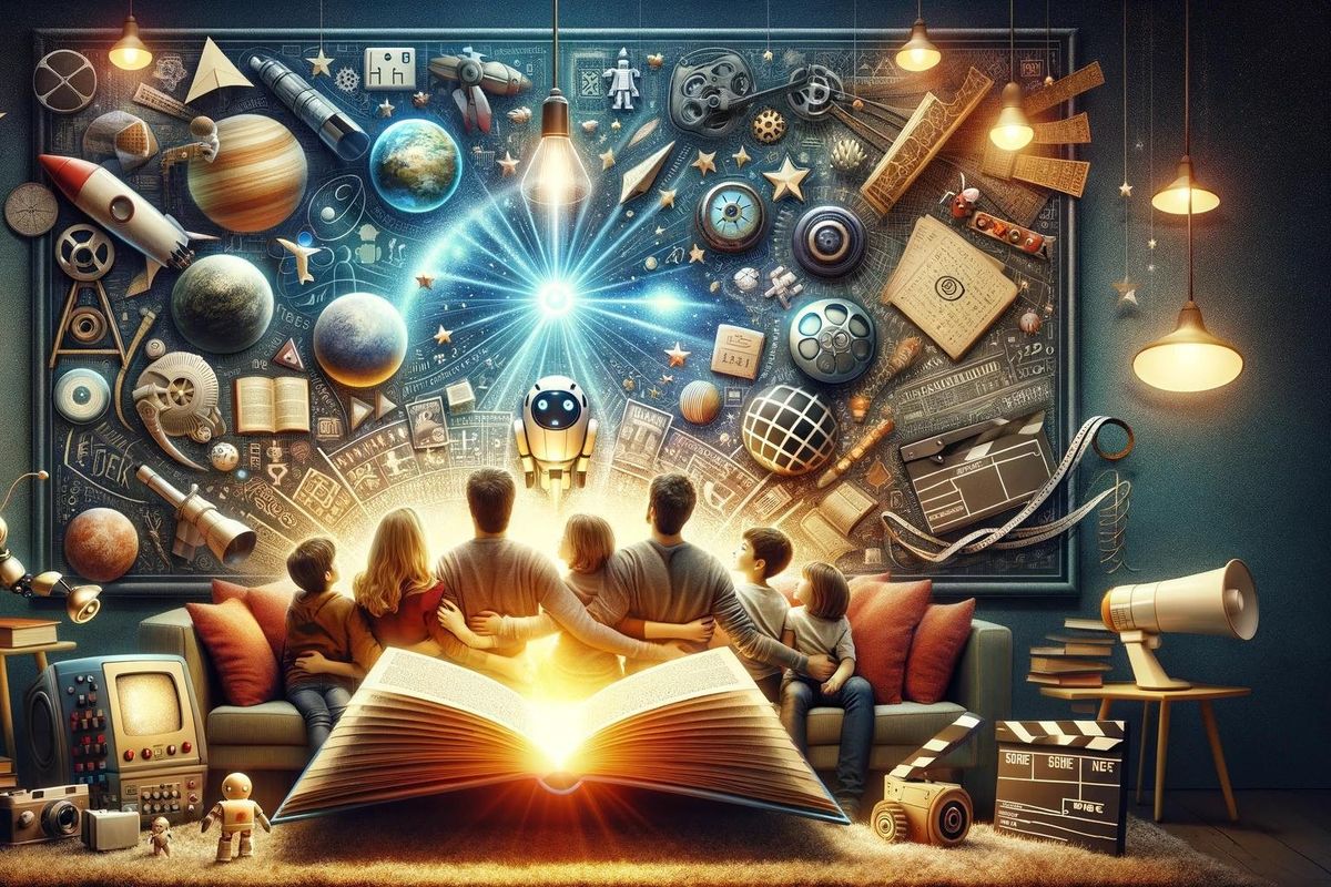 A family gathers around a glowing book or tablet in a living room, surrounded by objects representing various trivia topics like planets, video games, robots, movies, and mathematics.