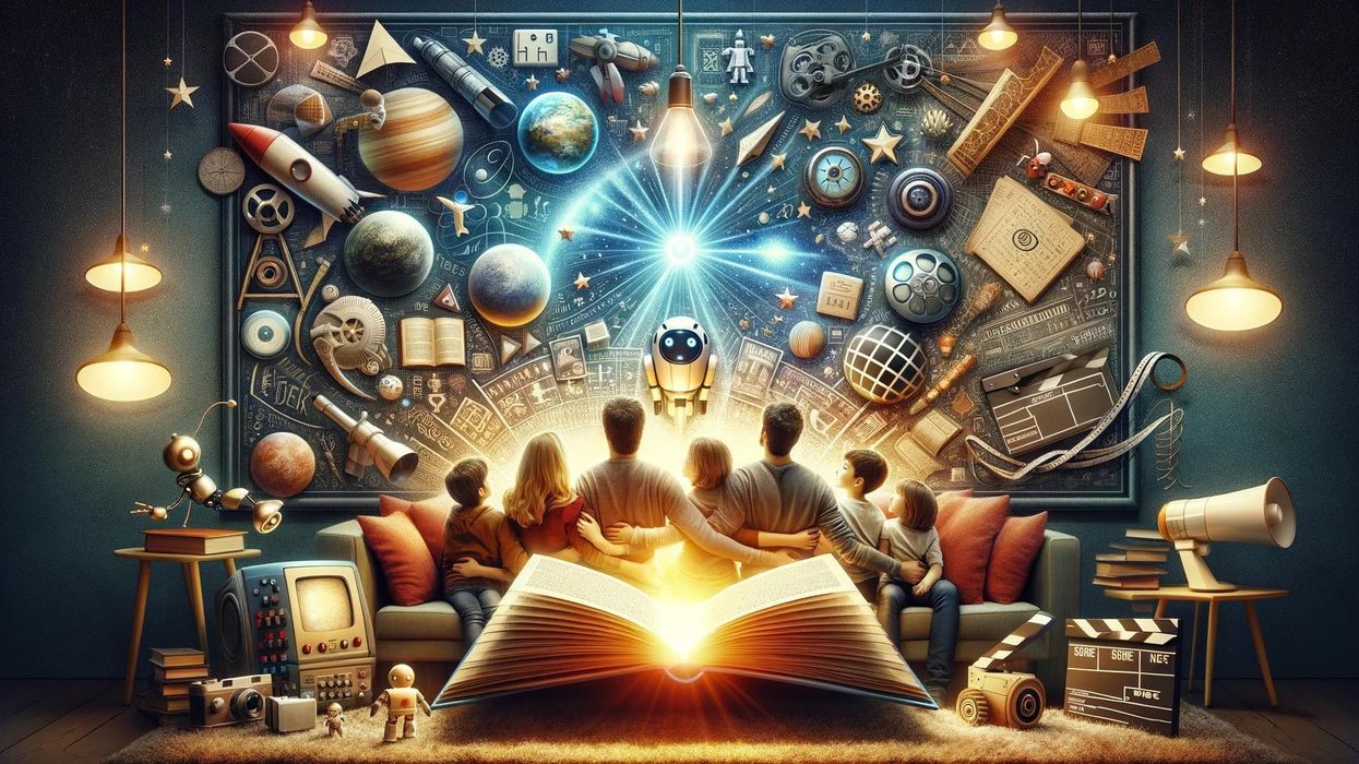 A family gathers around a glowing book or tablet in a living room, surrounded by objects representing various trivia topics like planets, video games, robots, movies, and mathematics.
