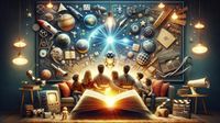 A family gathers around a glowing book or tablet in a living room, surrounded by objects representing various trivia topics like planets, video games, robots, movies, and mathematics.