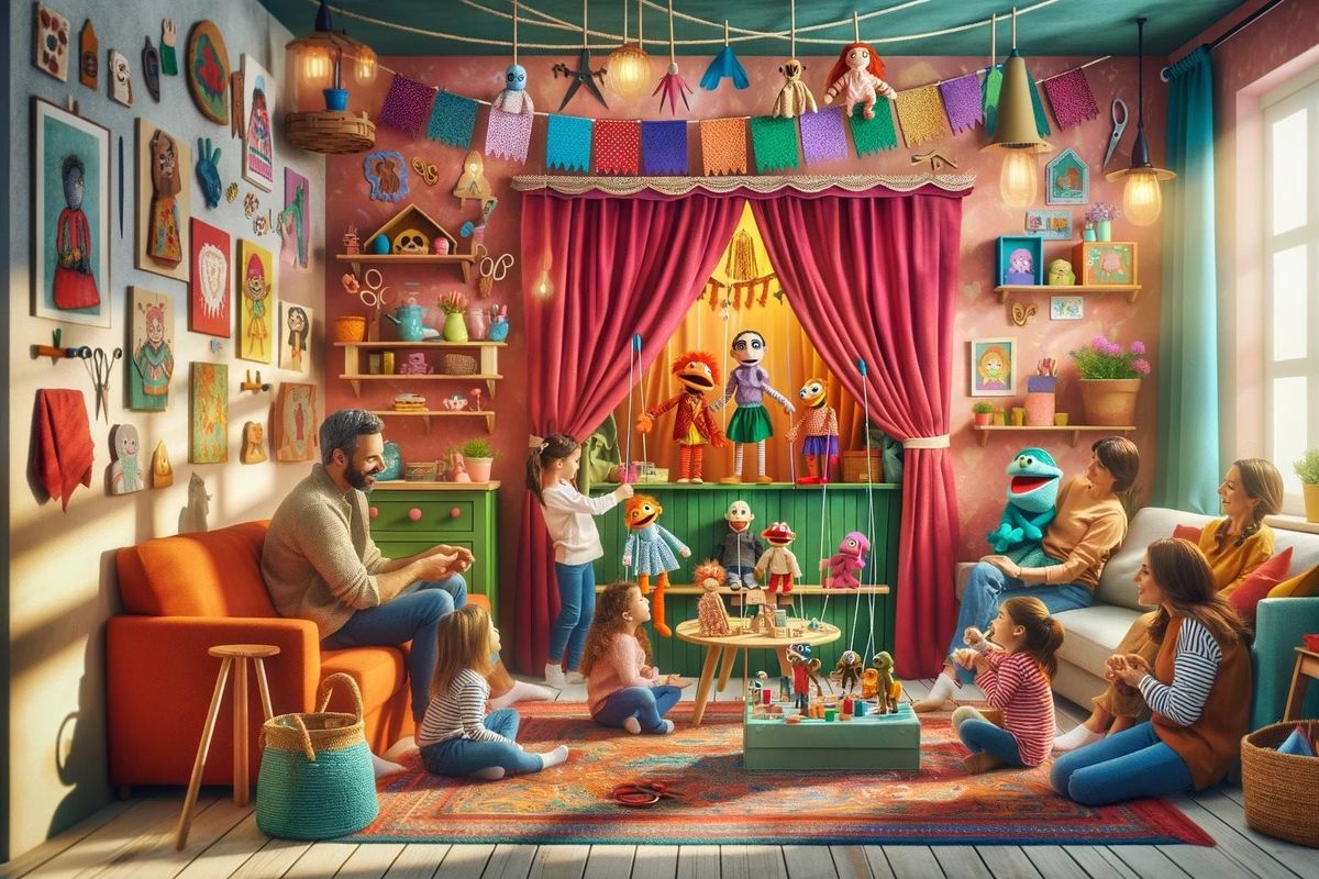 A family gathers in a living room transformed into a colorful puppet theater, showing excitement and engagement in the puppet show.