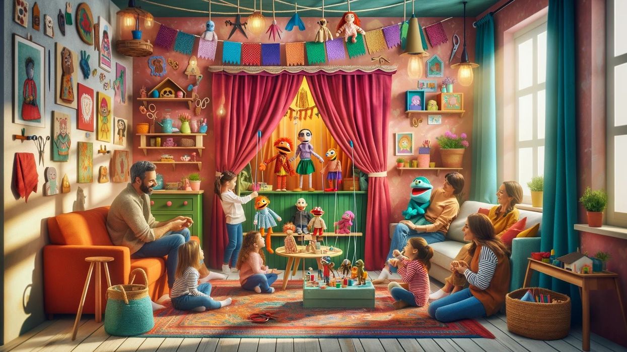 A family gathers in a living room transformed into a colorful puppet theater, showing excitement and engagement in the puppet show.