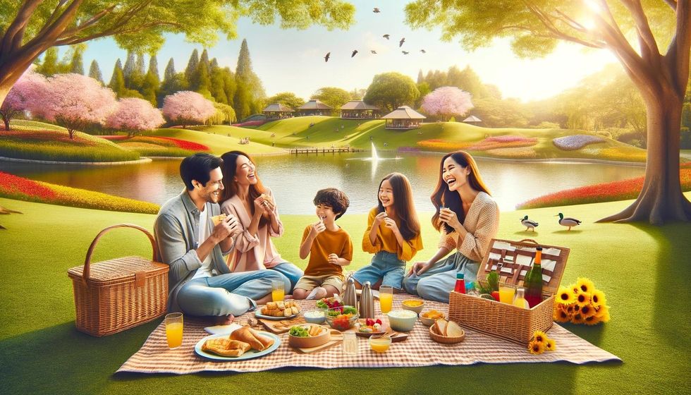A family having a picnic in a park with a blanket, basket, and food, near a lake with ducks, under a sunny sky.