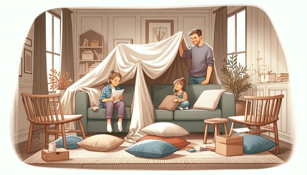 A family is building a simple yet cozy pillow fort in their living room.