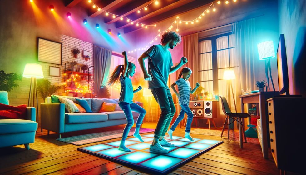 A family is enjoying a dance party in their living room, with colorful lights and each member showing off dance moves.