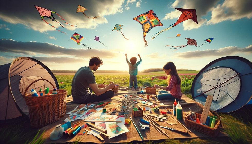 A family making and flying kites in an open field, with kites soaring in the sky above a vibrant landscape of spring flowers.
