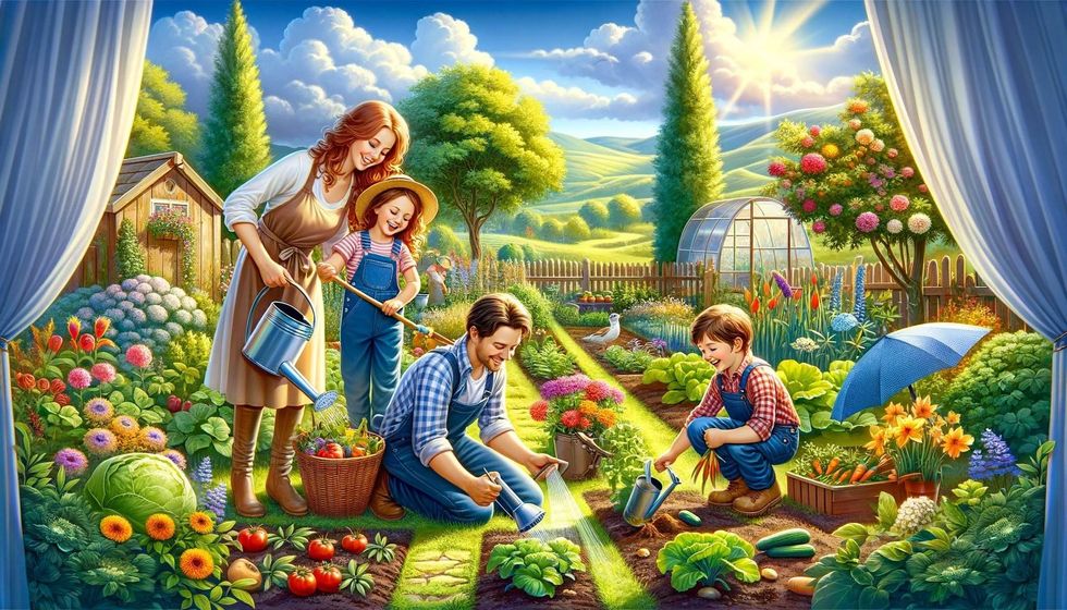 A family of four joyfully engages in gardening, surrounded by a lush variety of plants under a sunny sky.