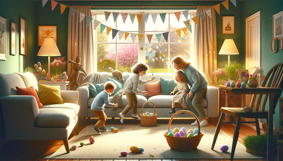 A family participating in an Easter egg hunt in their living room, with a child reaching under the sofa.