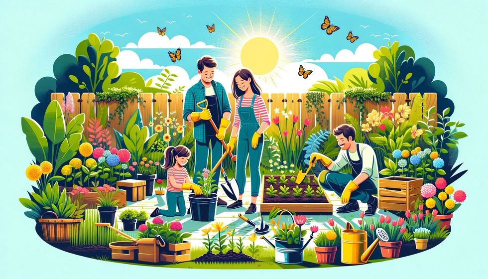 A family planting flowers and vegetables in a sunny garden filled with budding plants, surrounded by gardening tools.