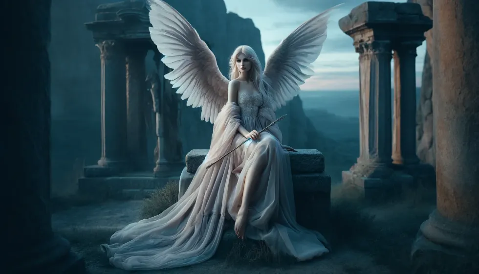 A female angel with flowing robes and translucent wings in a twilight setting.