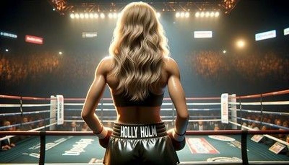 A female boxer in front of a boxing ring with the name 'Holly Holm' on her shorts.