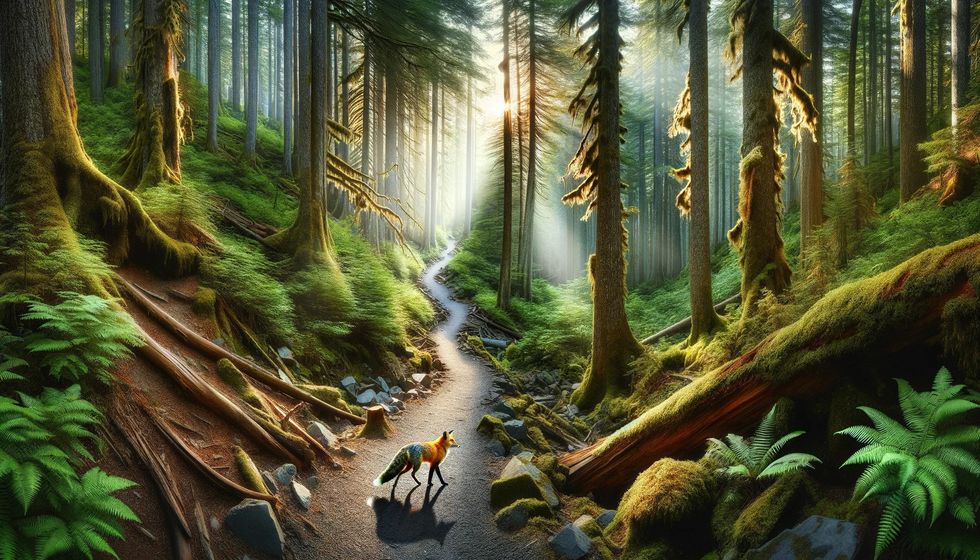 A fox crosses a forest trail, capturing the adventure in facts about hiking on iconic trails.