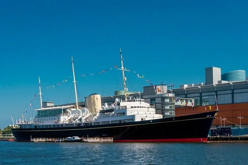 A full view of the Royal Yacht Britannia berthed at Leith docks.