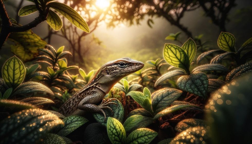 A garden lizard in its natural environment at sunset.