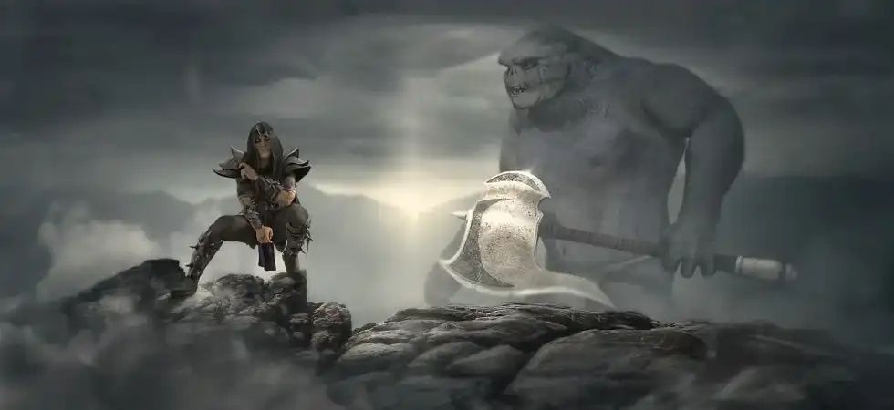 A giant monster and a warrior