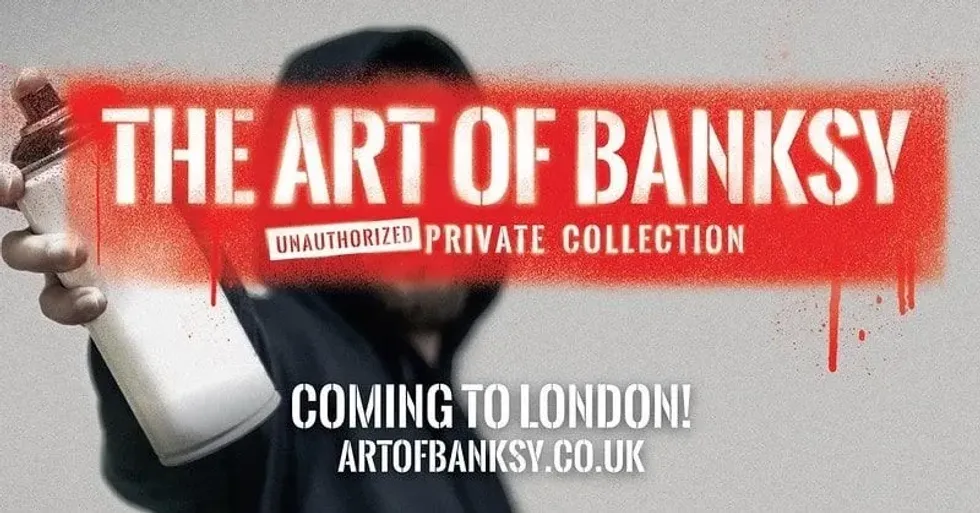 A graffiti artist standing behind Art of Banksy text with a spray can on the promotional poster. 