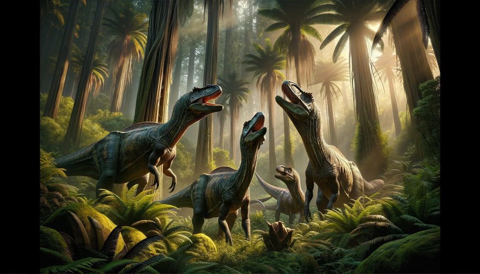A group of four Anodontosaurus dinosaurs socializing in their natural habitat, surrounded by Late Cretaceous Period flora.