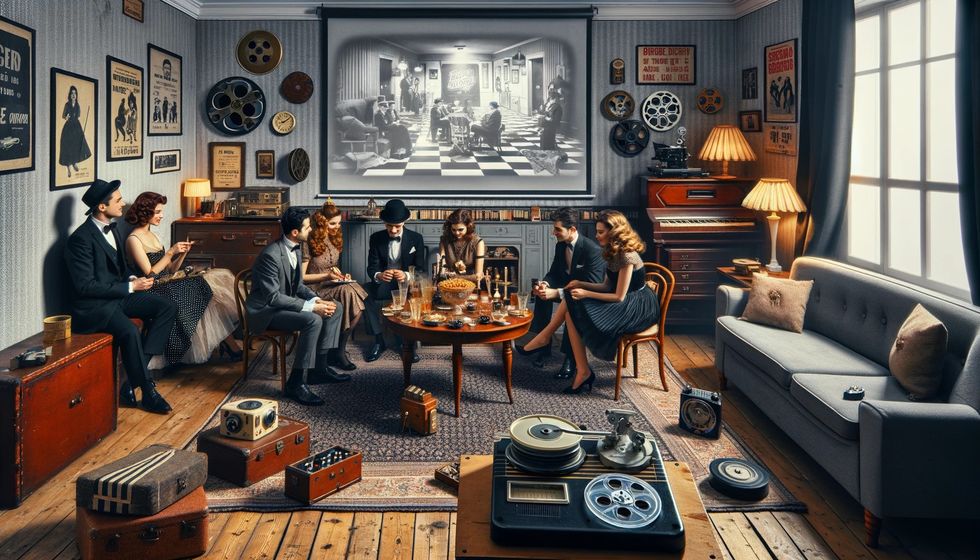A group of friends gathered in a retro-style living room from the 50's and 60's, enjoying a vintage-themed movie trivia night with movie trivia questions.
