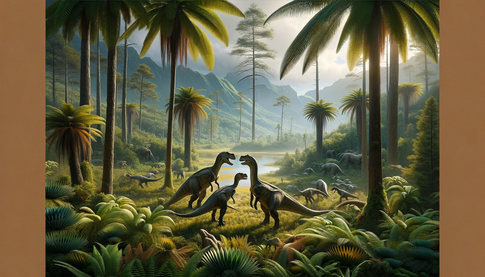 A group of three Einiosauruses engaging in social behaviors in a lush, fern-covered Cretaceous environment, highlighting natural social structures.