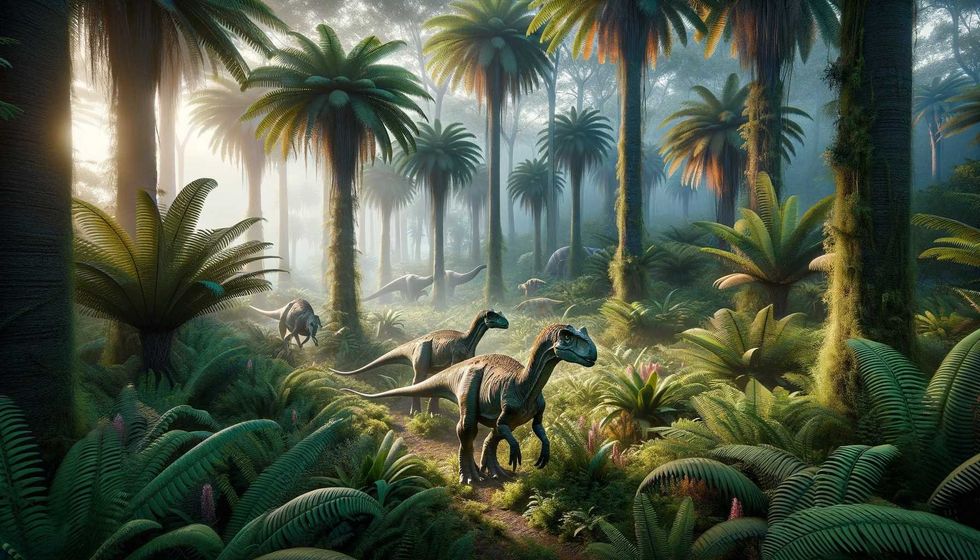 A group of three Mamenchisaurus dinosaurs moving through dense prehistoric vegetation under soft morning light.