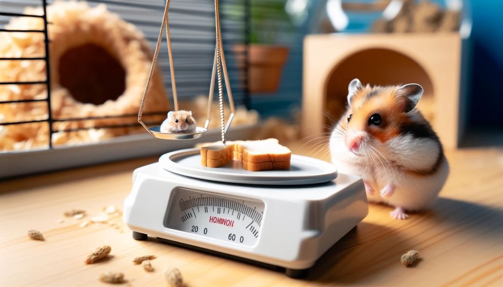 A hamster stands next to a balance scale with a small piece of bread on one side, depicting the importance of moderation in feeding bread to hamsters.
